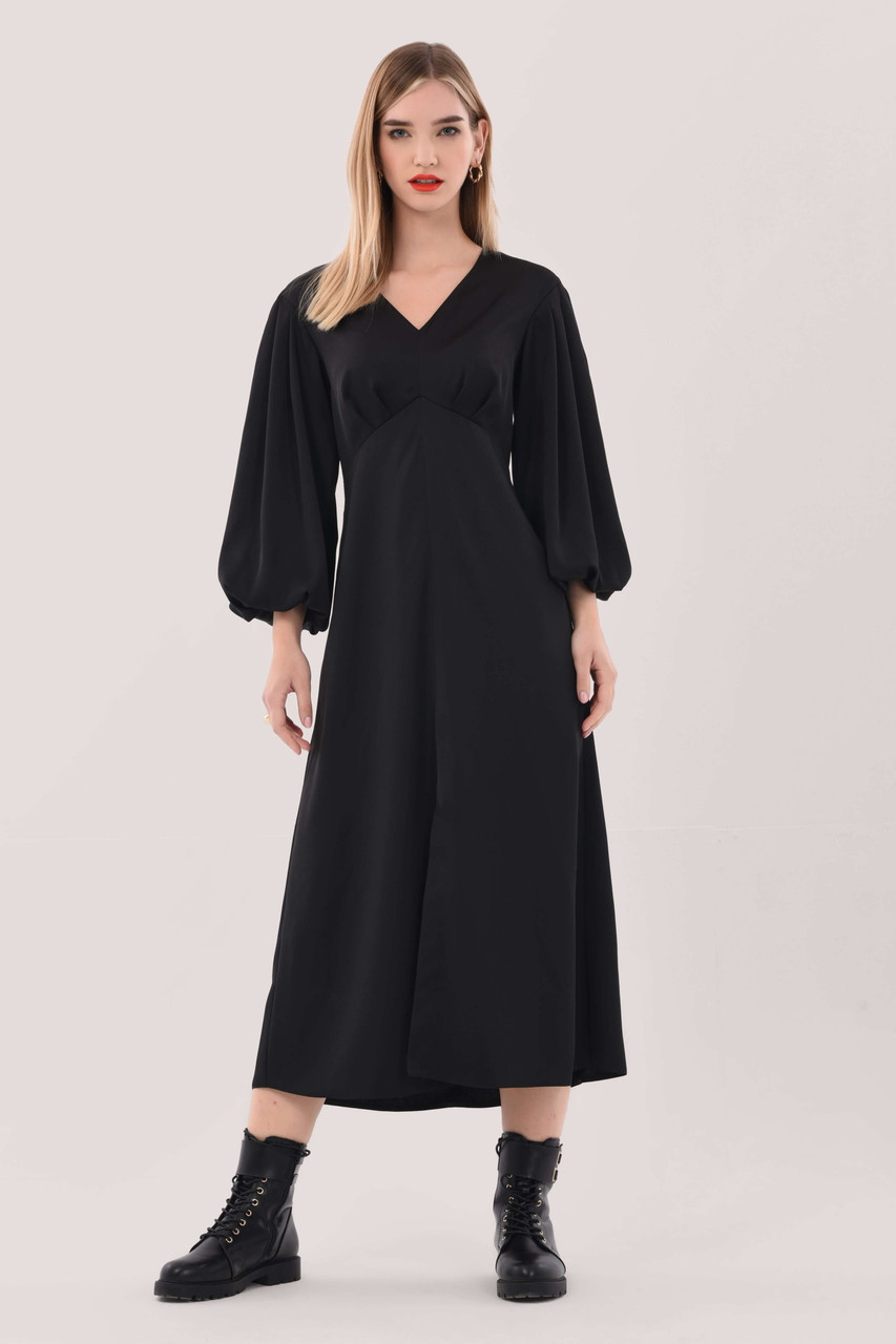 Women's Black V-Neck Puff Sleeve Midi Dress